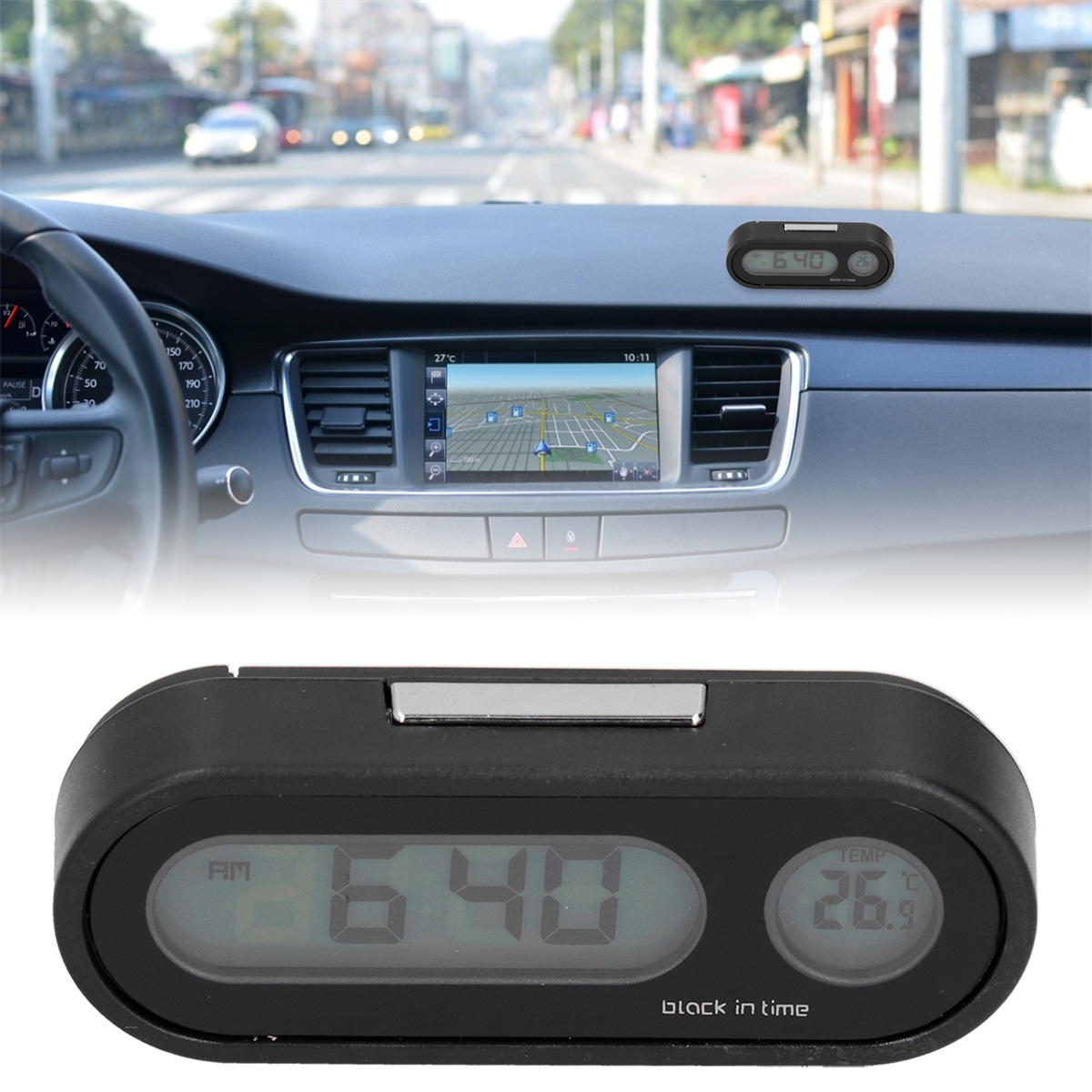 Schwarze Digitaluhr im Auto zeigt 6:40 Uhr und 26,9°C an. Die Uhr ist auf dem Armaturenbrett montiert.