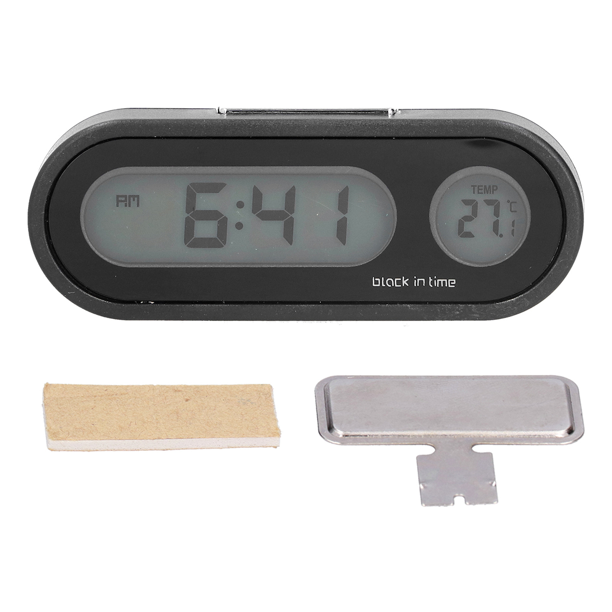 Schwarze Digitaluhr zeigt Zeit und Temperatur an. Zwei Klebepads und eine Metallplatte darunter.