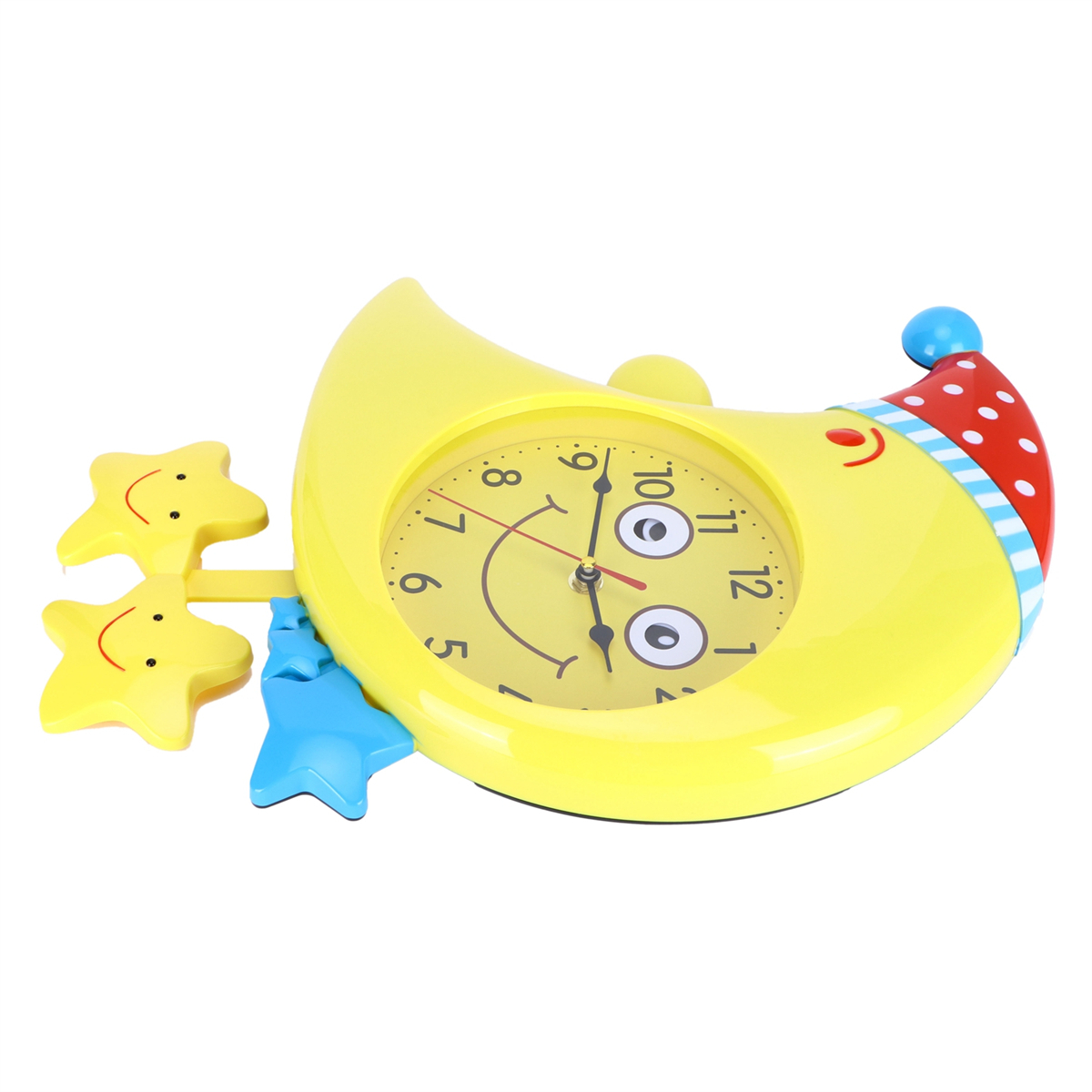 Eine gelbe mondförmige Uhr mit Gesicht, zwei Sternen und einem roten Hut.