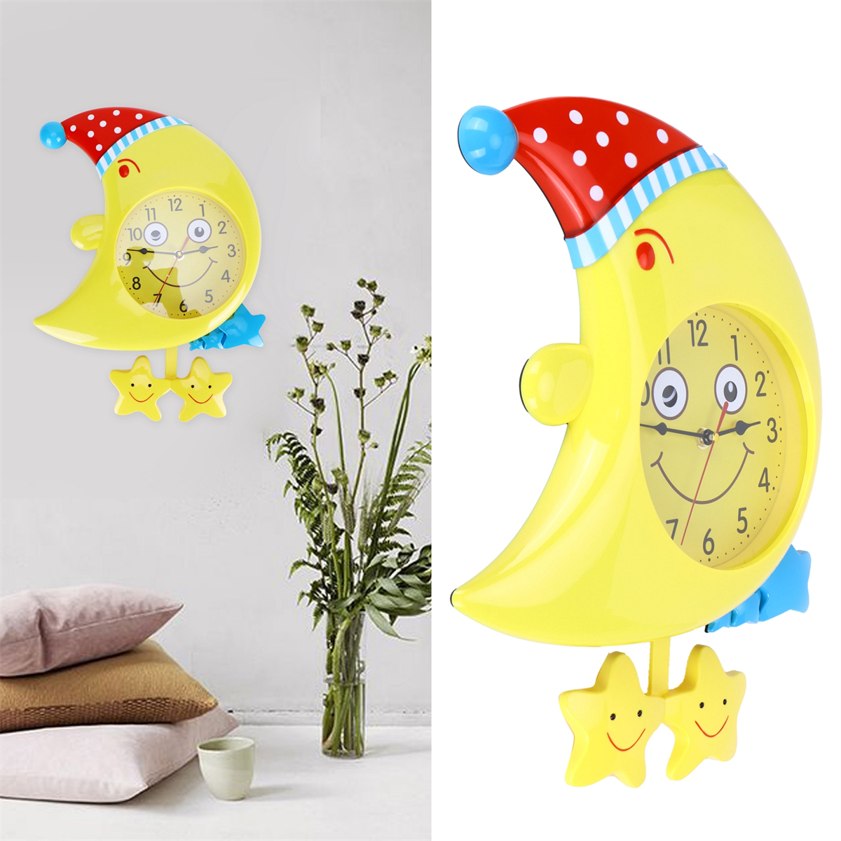 Gelbe mondförmige Uhr mit lächelndem Gesicht und Sternen. An weißer Wand.