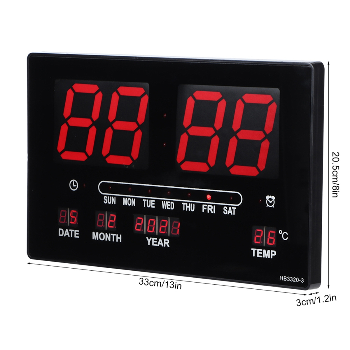 Digitaluhr mit Zeit, Datum und Temperatur, schwarzer Hintergrund, rote Zahlen.
