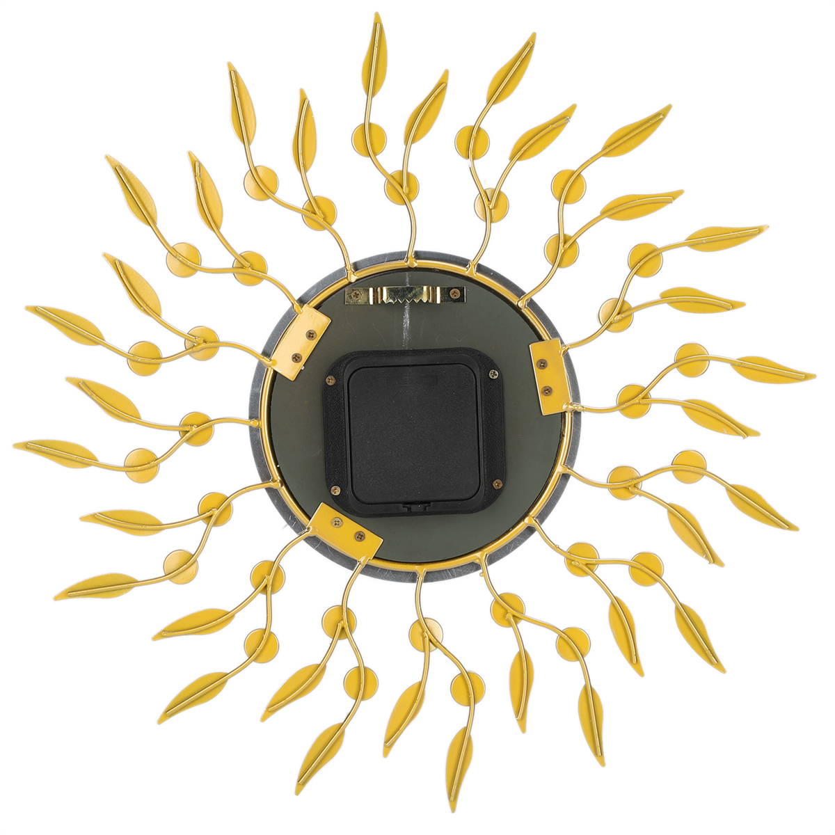 Uhr mit Sonnenstrahl-Design. Goldene Blätter strahlen von einem zentralen, dunkelgrauen Kreis aus.