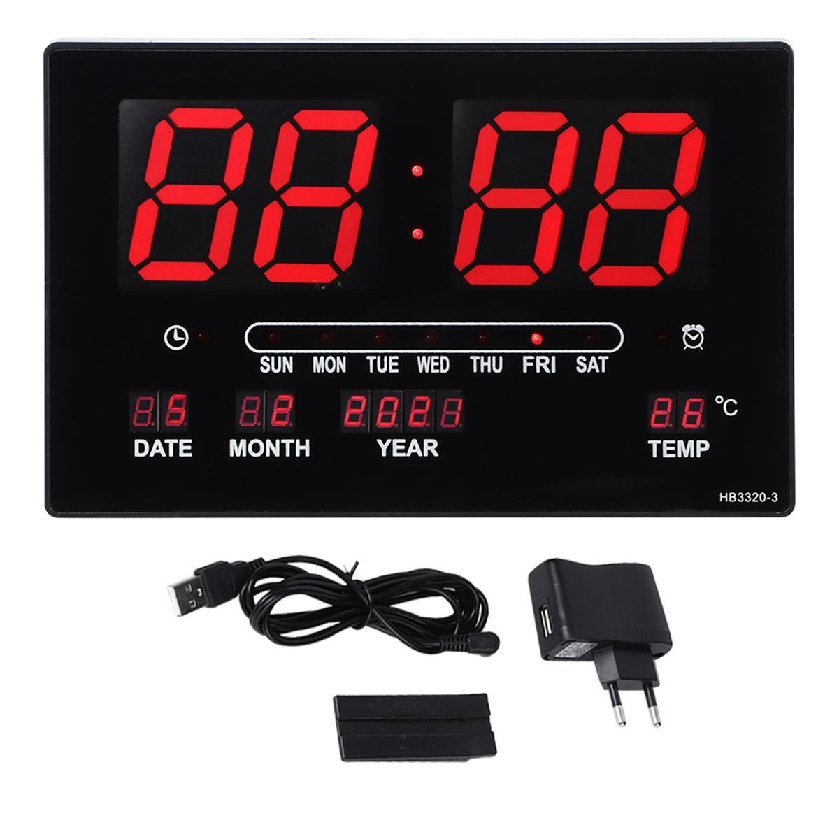 Digitaluhr mit der Anzeige 88:88. Zeigt Datum, Monat, Jahr und Temperatur an. Schwarzer Hintergrund.