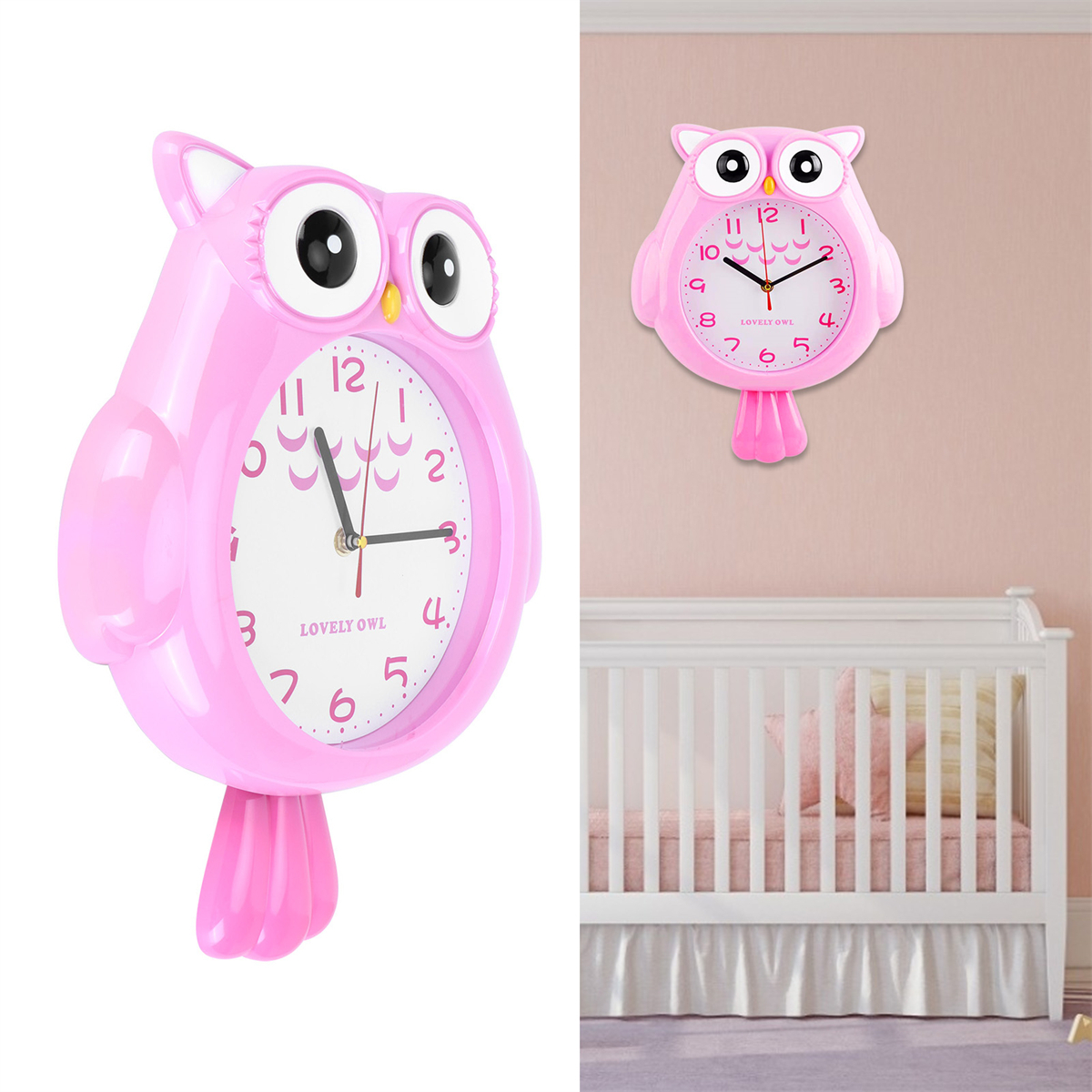 Zwei rosa Eulen-Uhren. Eine an der Wand, die andere auf einer Oberfläche. Im Hintergrund ein Kinderbett.