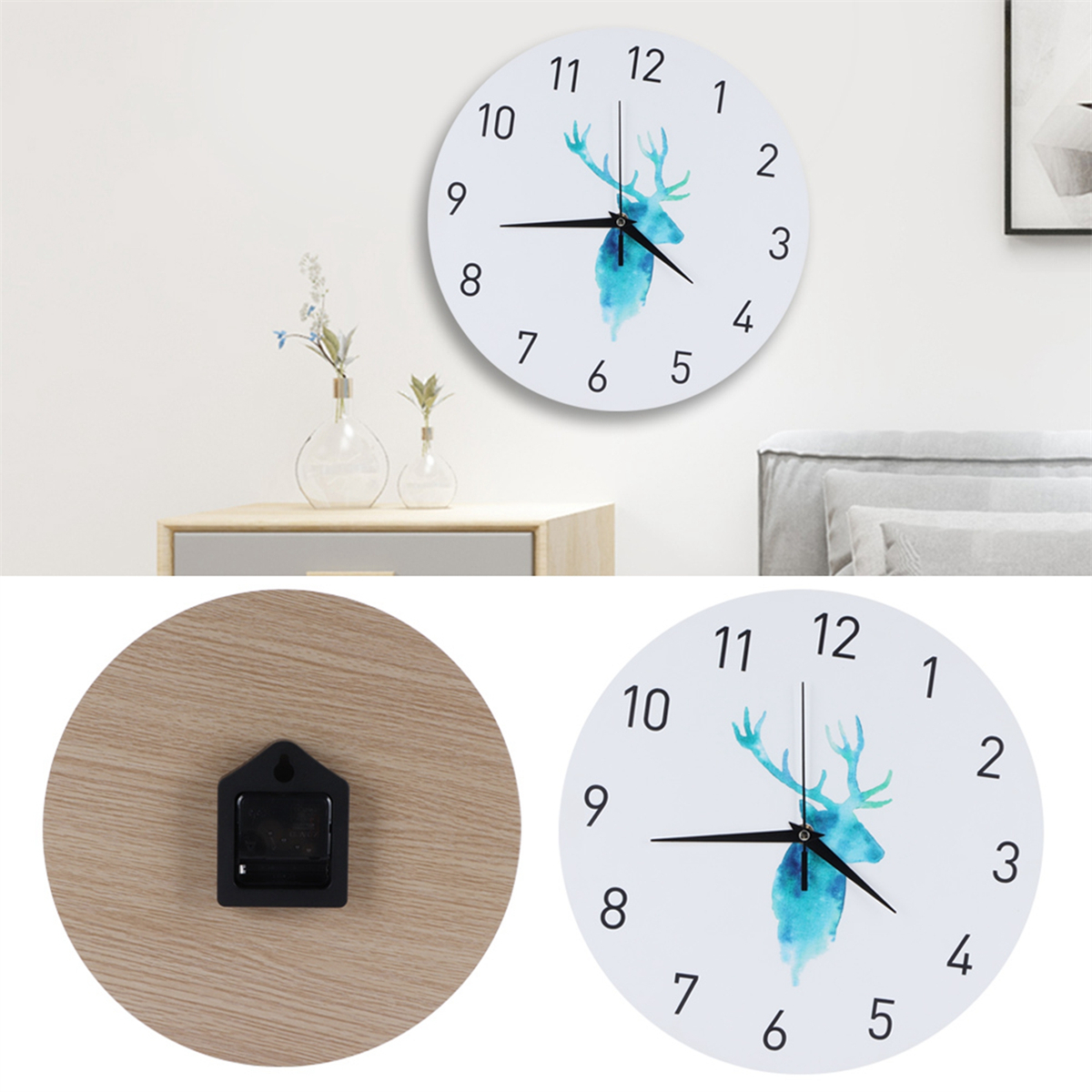 Weiße Wanduhr mit Hirsch-Design. Nahaufnahme des Uhrwerks wird ebenfalls gezeigt.