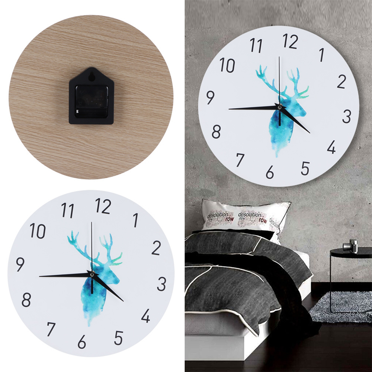Uhr mit Hirschmotiv, Zahlen und Zeigern. Eine weitere Uhr und Uhrwerk auf einem Holztisch.