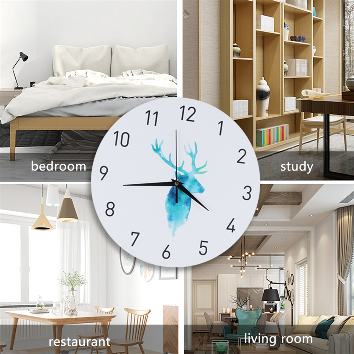 Uhr mit Hirschzeichnung. Vier Szenen: Schlafzimmer, Arbeitszimmer, Restaurant und Wohnzimmer.