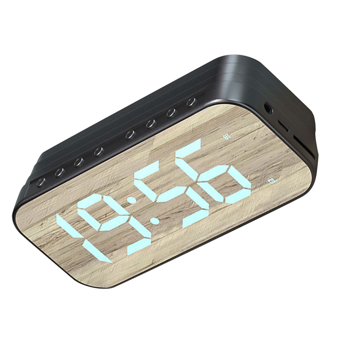 Eine rechteckige Uhr mit Holzmaserung, die 19:56 anzeigt. Die Uhr ist schwarz mit abgerundeten Kanten.