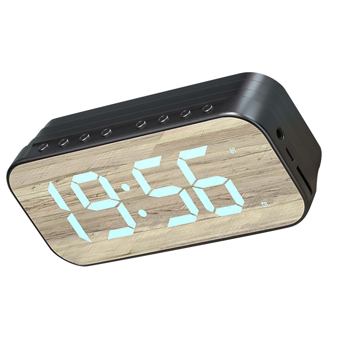 Digitaluhr mit Holzstruktur. Zeigt 19:56 an. Schwarzer Rahmen mit Lautsprechern.