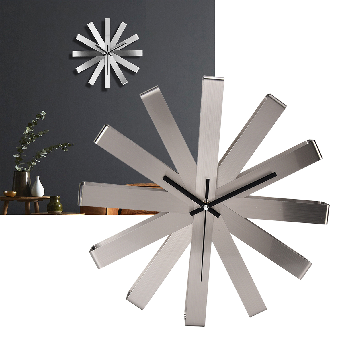 Zwei Uhren an einer Wand, eine mit rotierenden Blättern und eine weitere mit ähnlichem Design im Hintergrund.