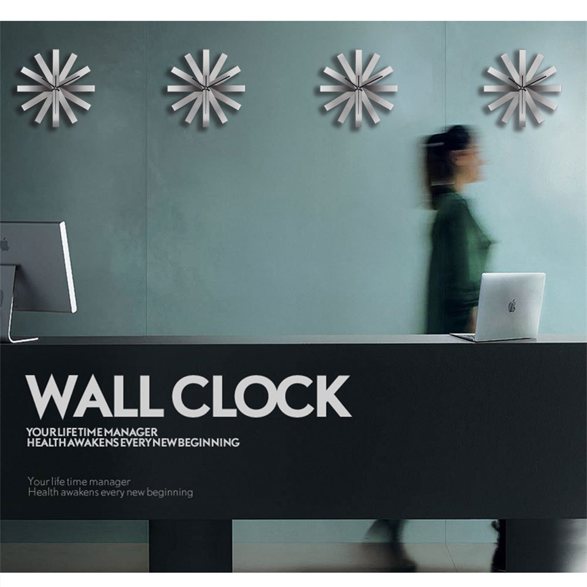 Vier silberne Stern-Uhren an einer blauen Wand mit einer vorbeigehenden Person und dem Wort 'WALL CLOCK'.