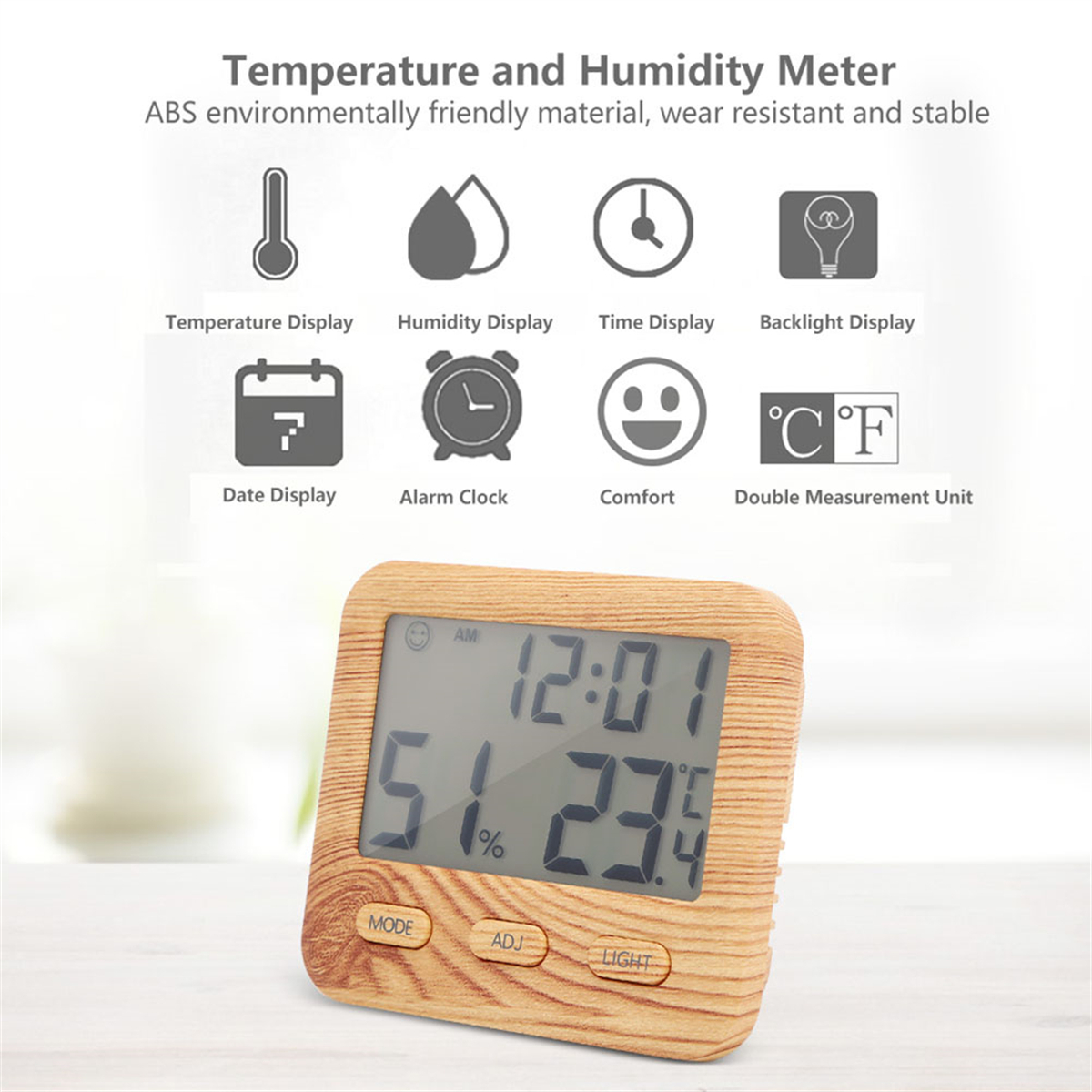 Ein hölzernes Temperatur- und Feuchtigkeitsmessgerät mit Symbolen und Zahlen auf dem Bildschirm.