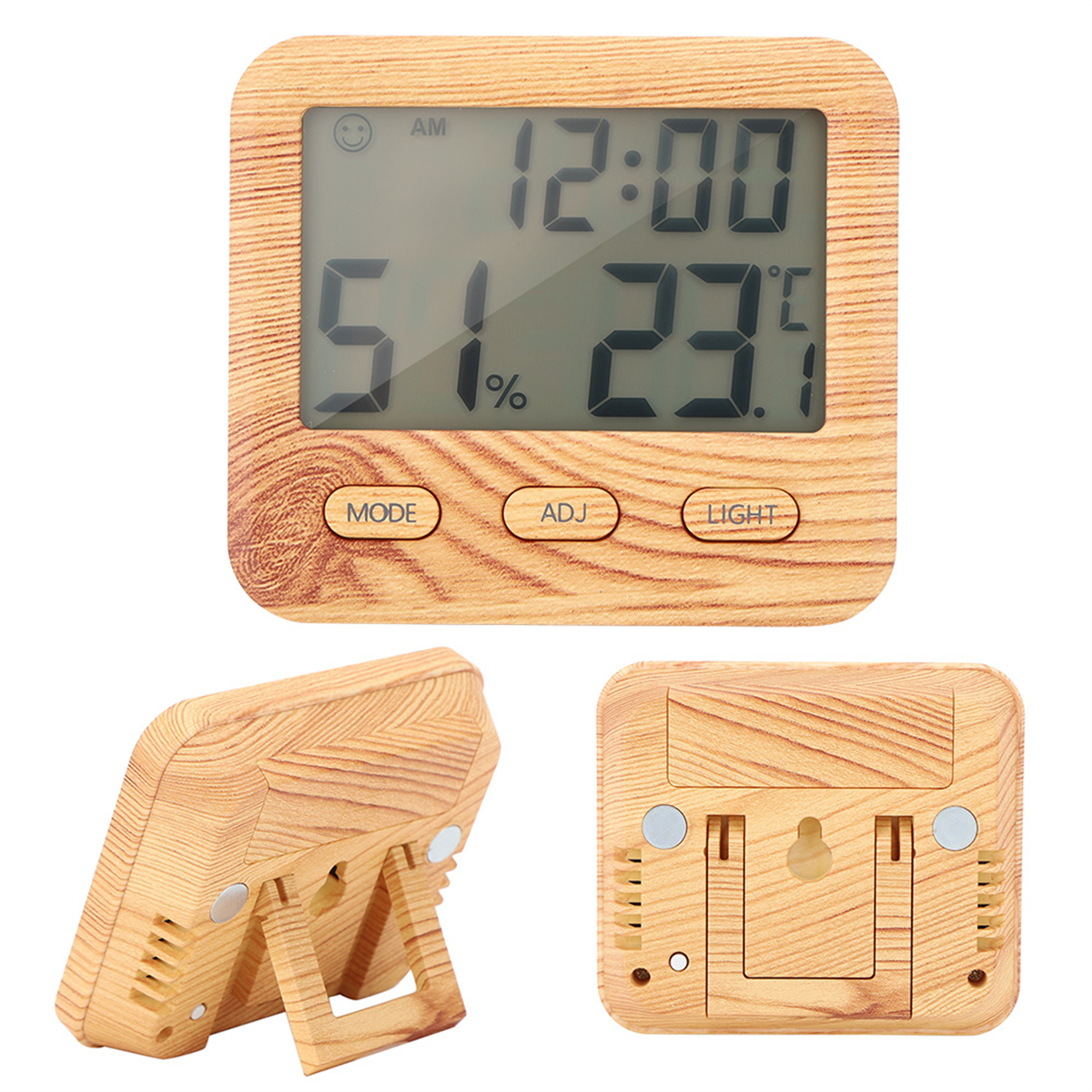 Digitaluhr aus Holz mit Zeit-, Temperatur- und Feuchtigkeitsanzeige. Hat Modus-, Einstell- und Lichttasten.