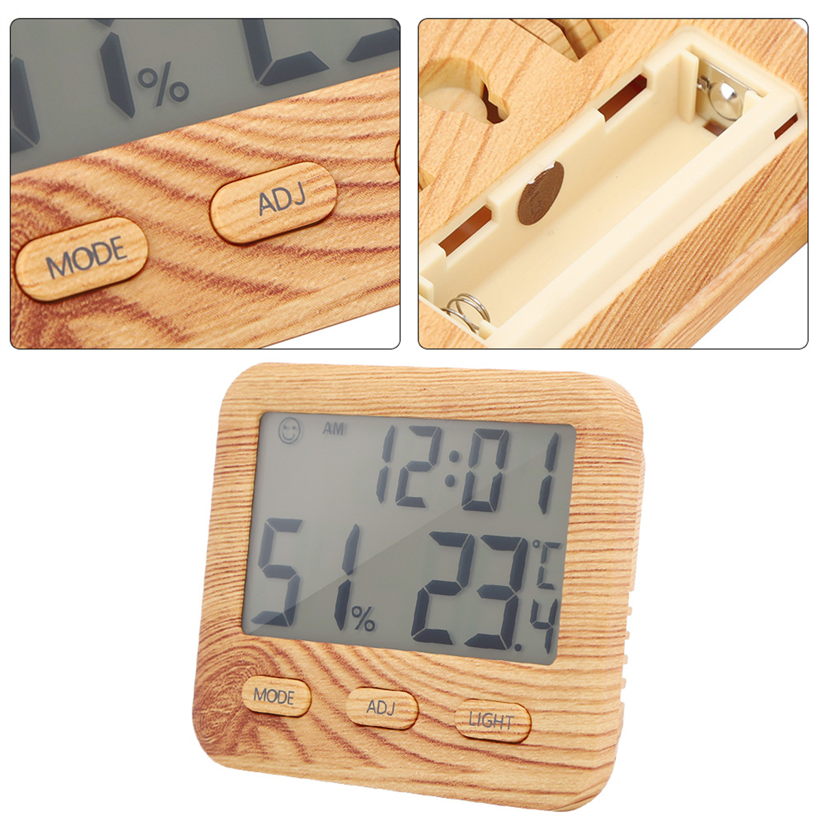Ein Gerät in Holzoptik, das 12:01, Feuchtigkeit und Temperatur anzeigt.