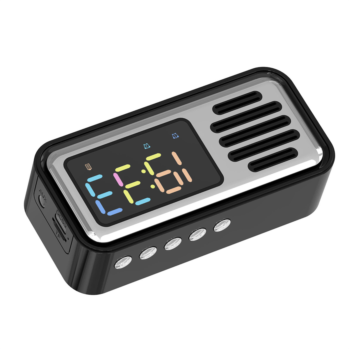 Ein schwarzer Lautsprecher mit Digitalanzeige. Ein Timer ist sichtbar.