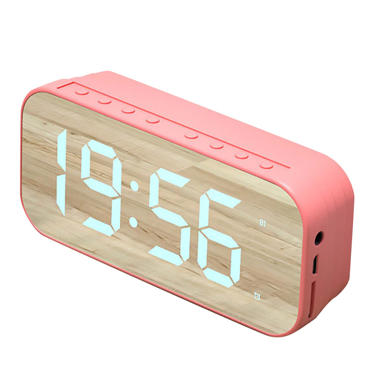 Eine rosa Digitaluhr, die 19:56 anzeigt. Sie hat eine holzähnliche Vorderseite und Knöpfe an der Seite.