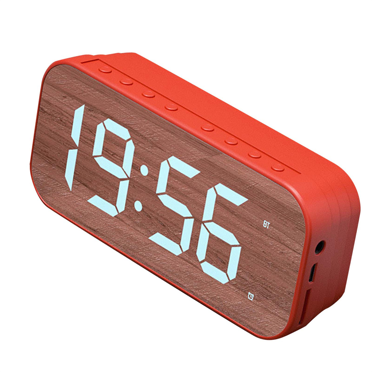 Roter digitaler Wecker mit Holzmaserung, zeigt die Uhrzeit 19:56 an.