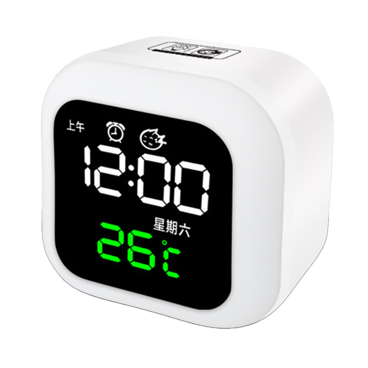Ein weißer digitaler Wecker zeigt 12:00 und 26C. Der Tag ist Samstag. Er hat zwei Wecker-Symbole.
