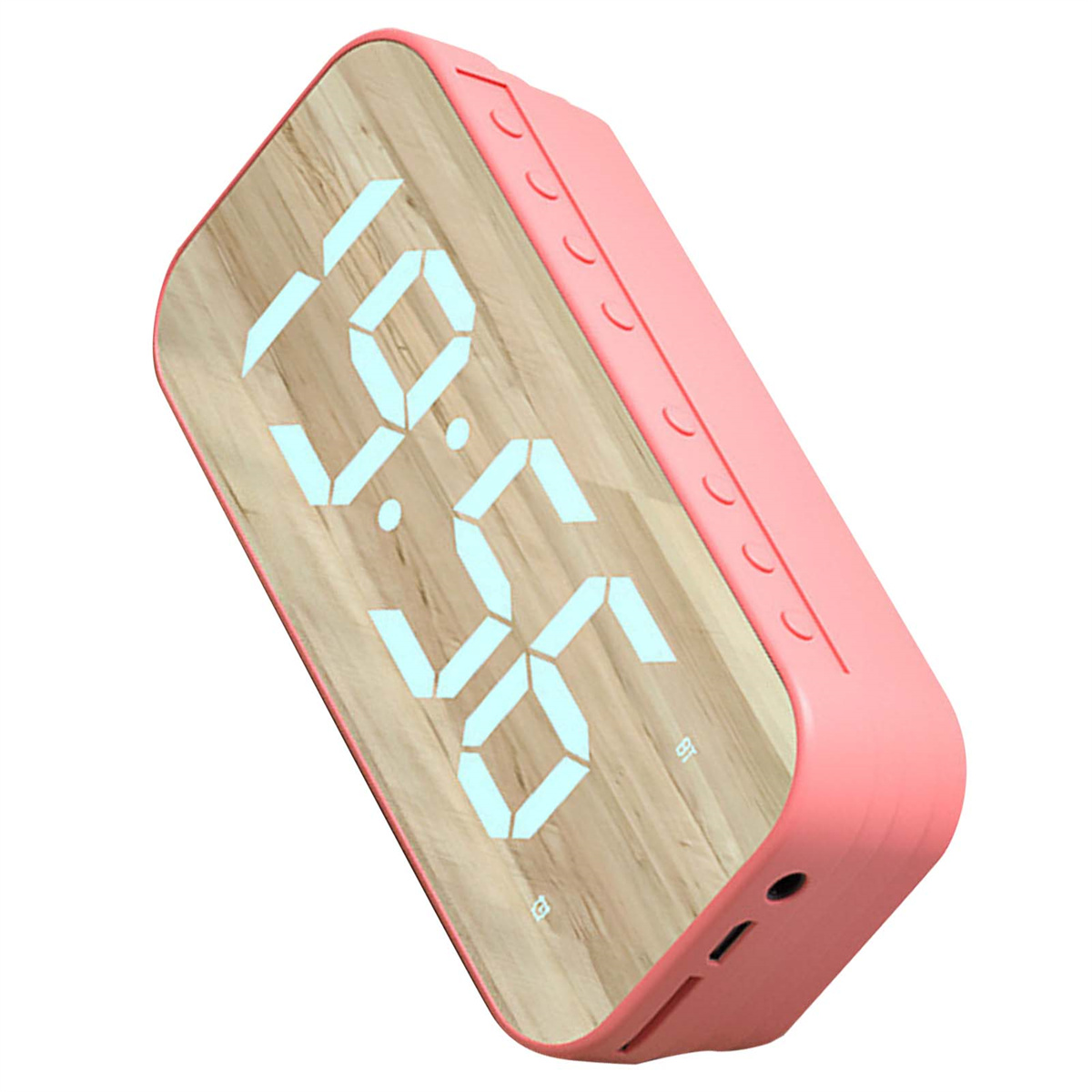 Ein pinkfarbenes Digitaluhrradio mit der Anzeige 19:56. Die Uhr hat eine Holzmaserung und Bedientasten.