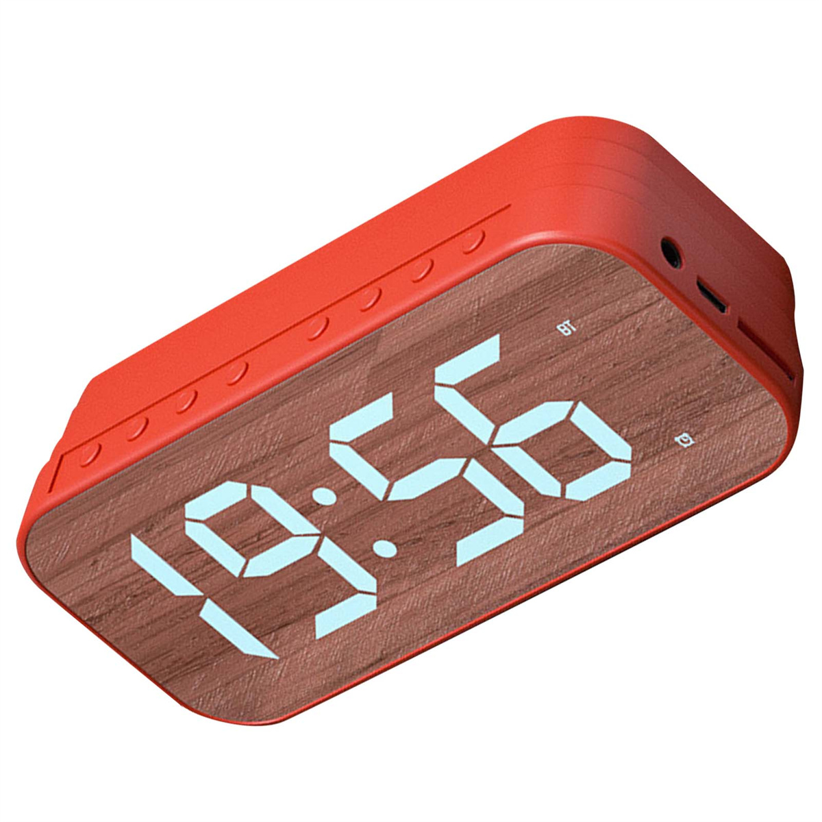 Rote Digitaluhr mit Holzmaserung auf der Vorderseite, die 19:56 anzeigt. Die Uhr ist abgewinkelt.