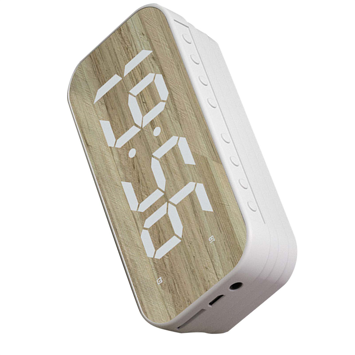 Weiß- und Holzmaserungs-Digitaluhr, die 19:56 anzeigt. Die Uhr ist leicht angewinkelt.