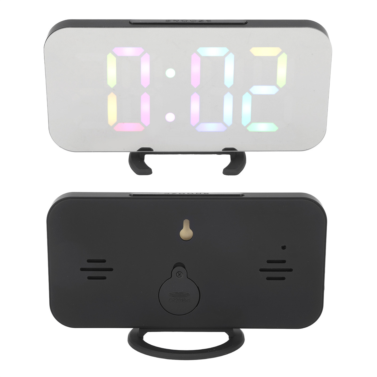 Eine Digitaluhr mit einem spiegelartigen Bildschirm, der 0:02 anzeigt. Die Rückseite der Uhr ist schwarz.