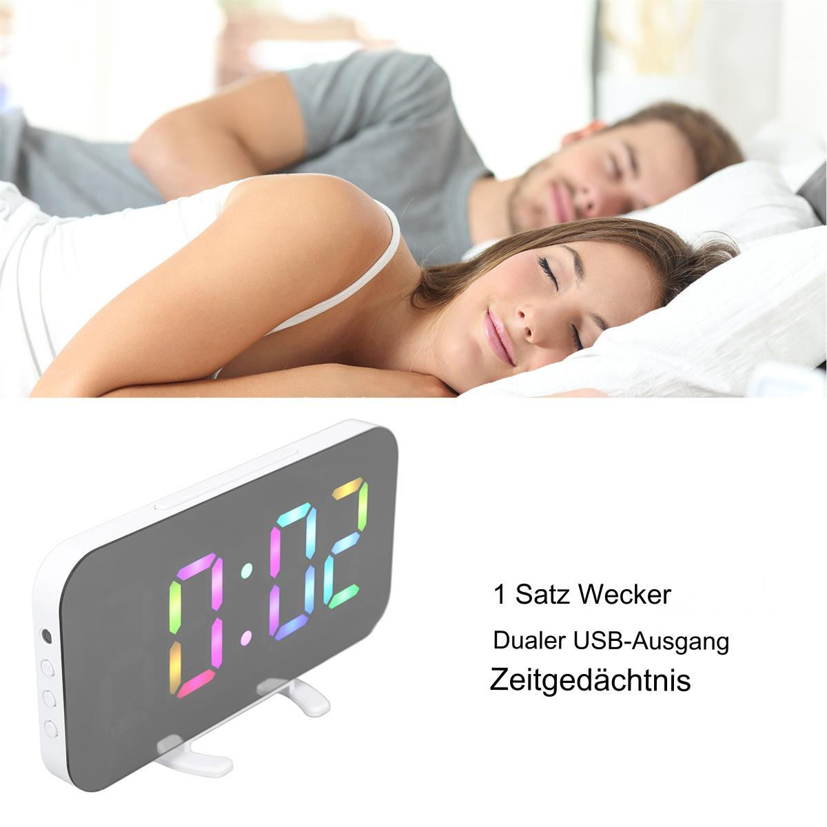 Ein digitaler Wecker, der die Uhrzeit 0:02 anzeigt. Ein Paar schläft im Hintergrund im Bett.