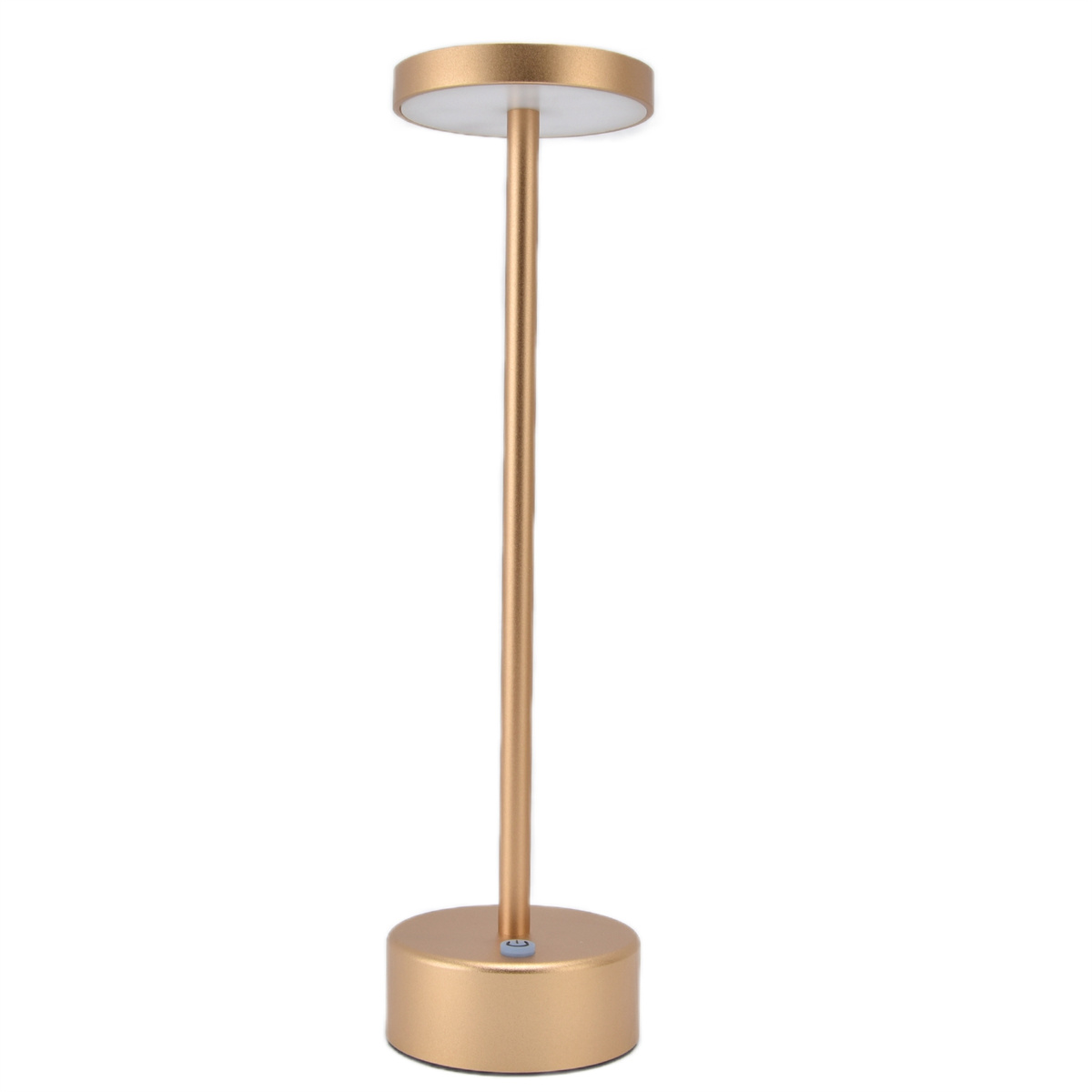 Eine goldfarbene Lampe mit rundem Sockel und Oberteil, ein gerader Schaft.