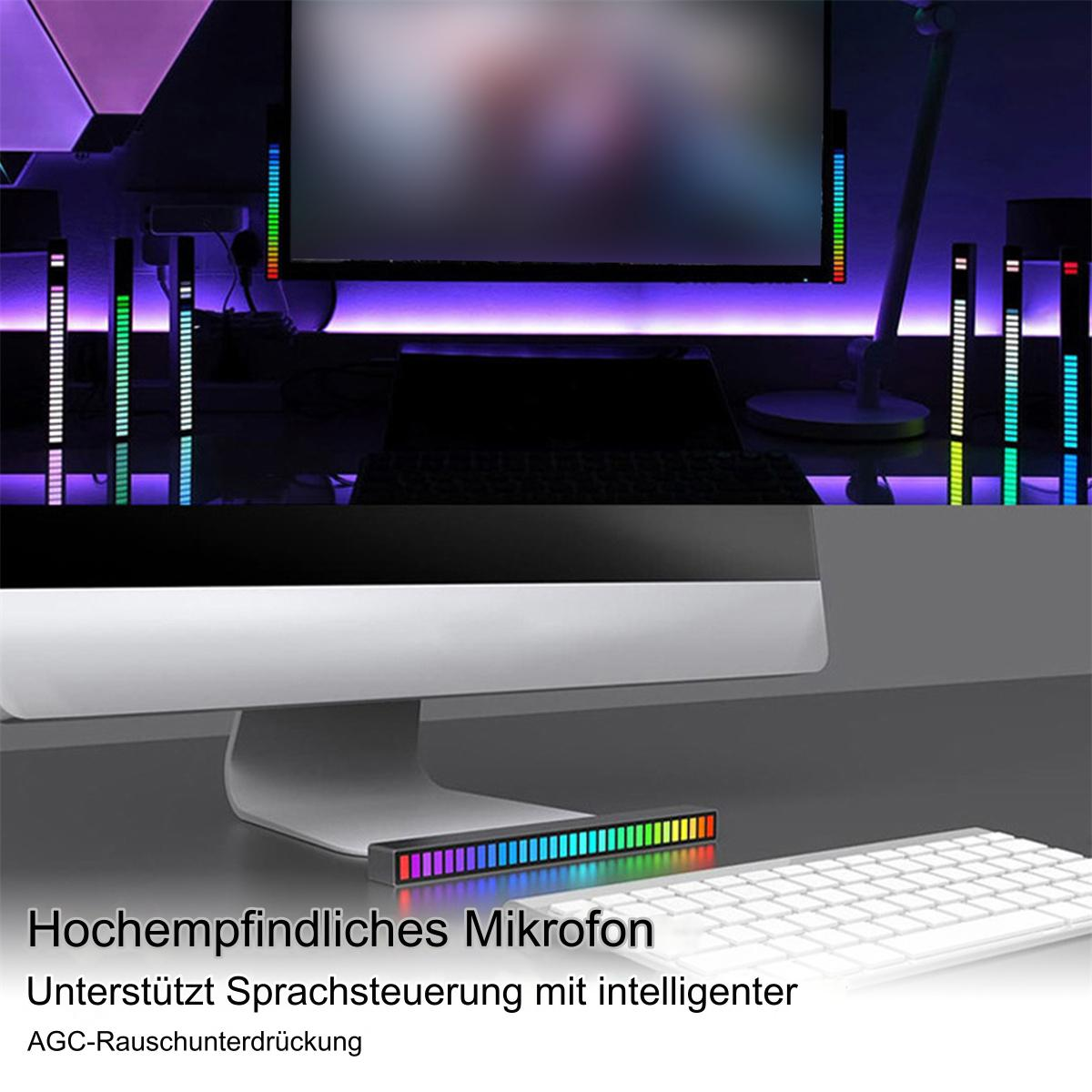 LED-Lichtleisten auf einem Schreibtisch, die Sprachsteuerung unterstützen.