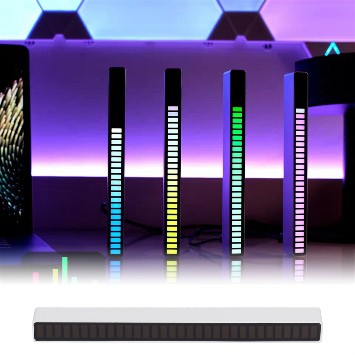 Vier beleuchtete Soundbars mit Equalizer-Mustern. Die Lichter haben unterschiedliche Farben und der Hintergrund ist lila.