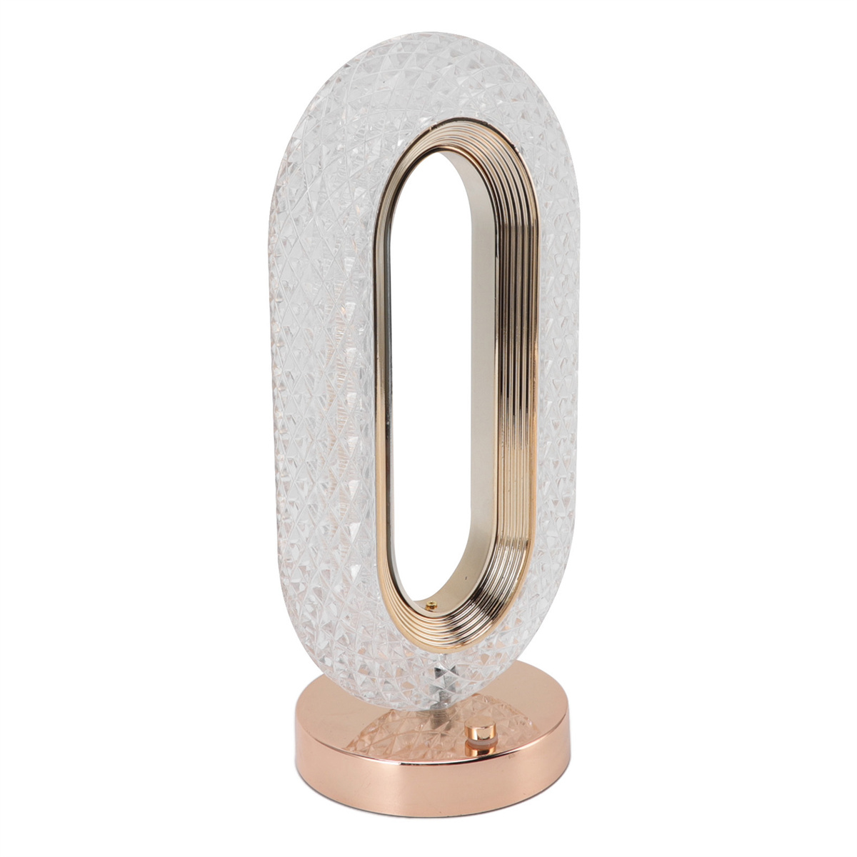 Dekorative ovale Lampe mit strukturiertem weißem Schirm und goldenen Akzenten, Roségold-Sockel.