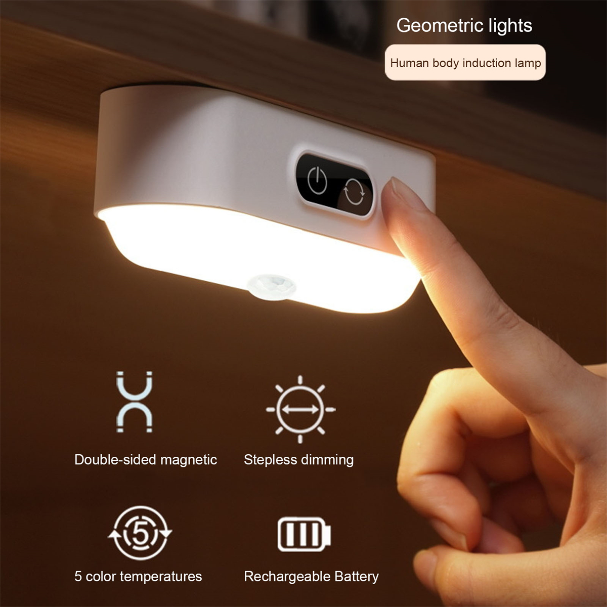 Weißes geometrisches Licht, Hand berührt es, darunter Funktionssymbole.