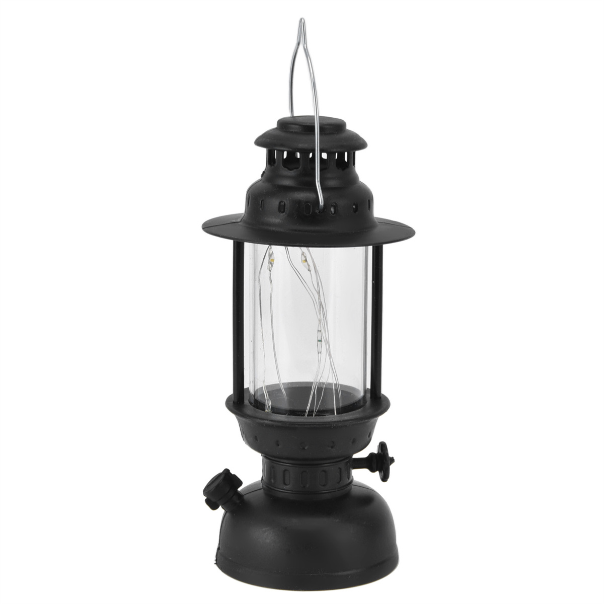 Eine schwarze Öllampe mit einem Glaszylinder und einem Griff. Im Inneren sind kleine weiße Lichter.