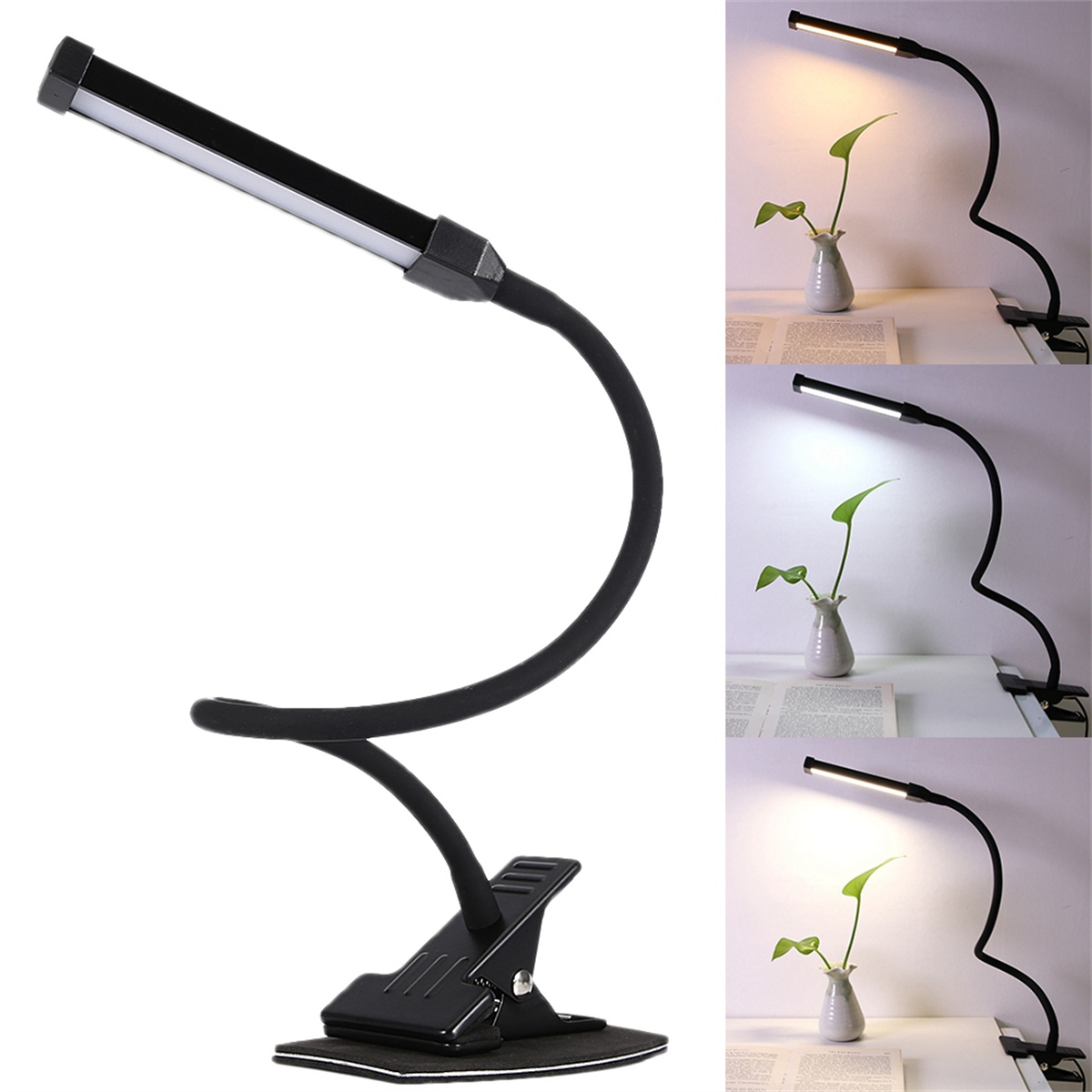 Schwarze Schreibtischlampe mit flexiblem Arm. Lampe ist an einem Schreibtisch befestigt.