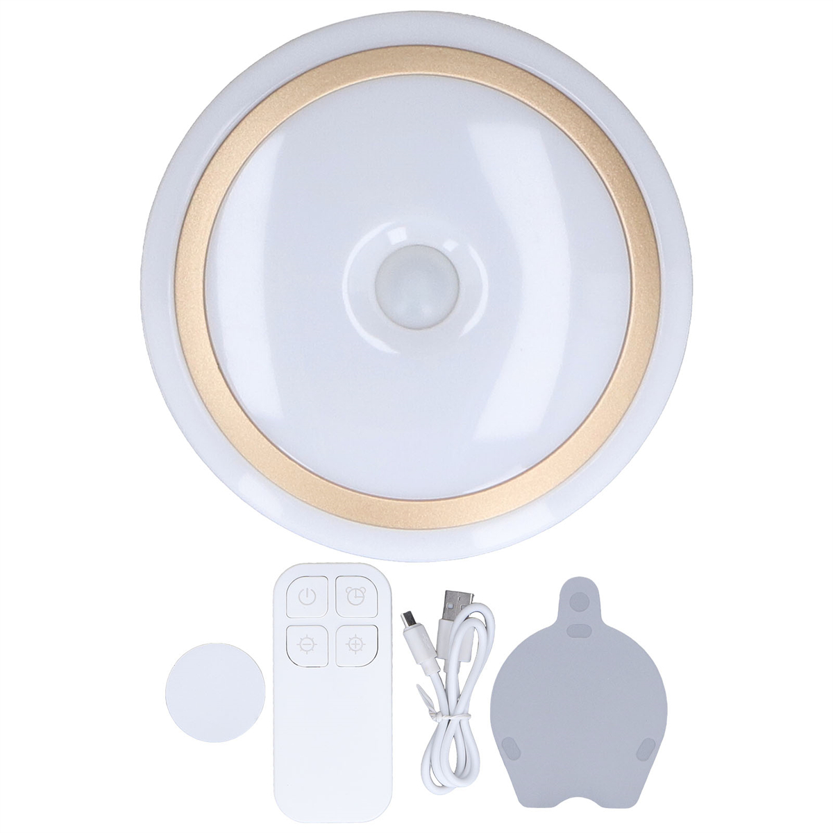 Weißes, rundes LED-Licht mit goldenem Ring. Darunter Fernbedienung und Zubehör.