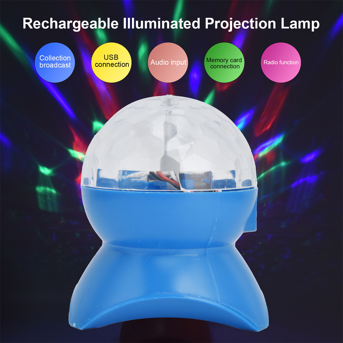 Eine blaue, kugelförmige Lampe mit farbenfrohen Lichtprojektionen. Sie hat eine Basis mit Funktionsbezeichnungen.