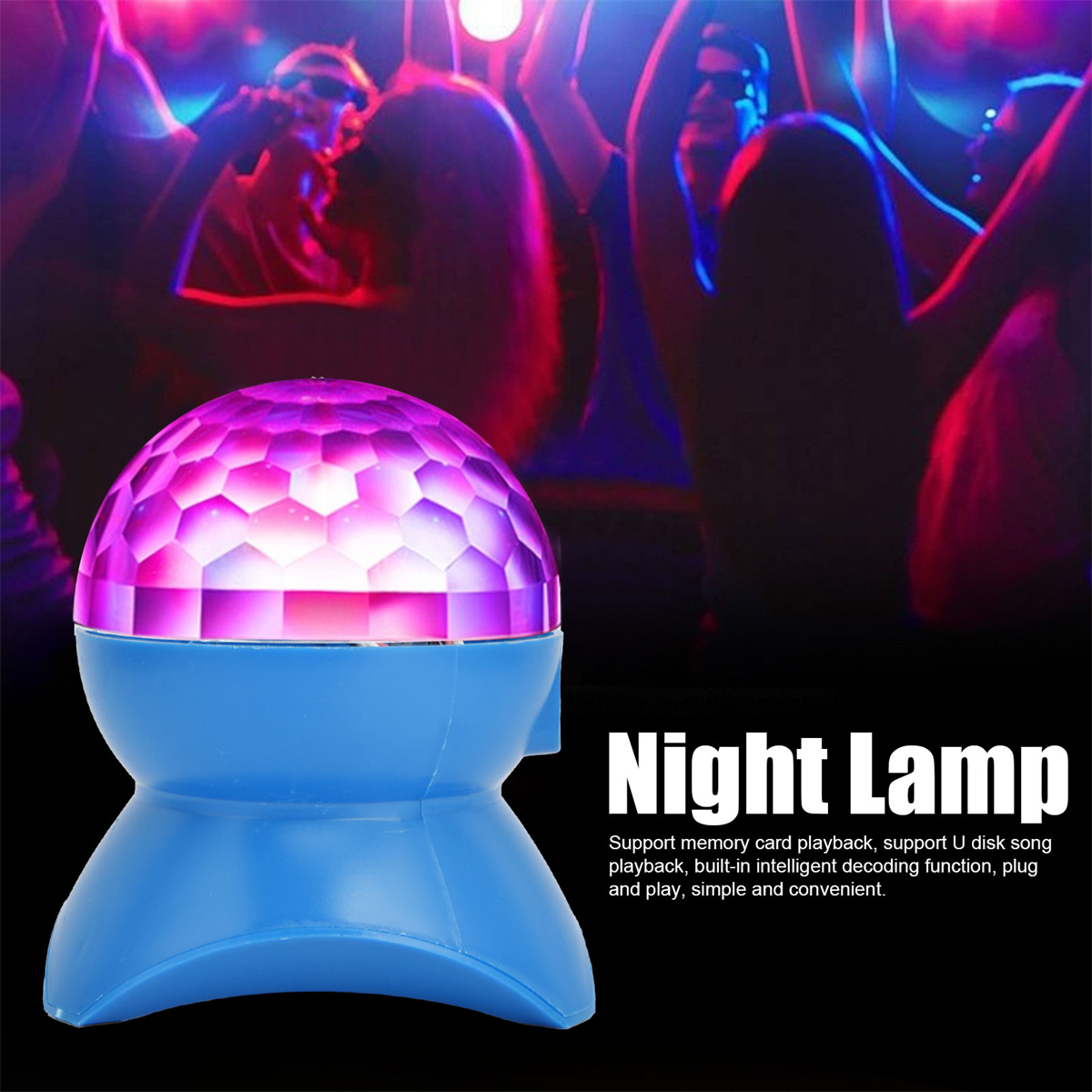 Eine blau-violette Nachtlampe in Form einer Discokugel. Text: Nachtlampe. Personen tanzen im Hintergrund.