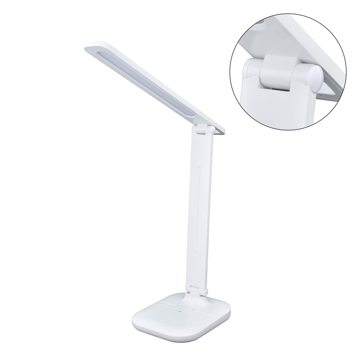 Bild einer weißen Schreibtischlampe mit verstellbarem Arm und zusätzlichem Detail.