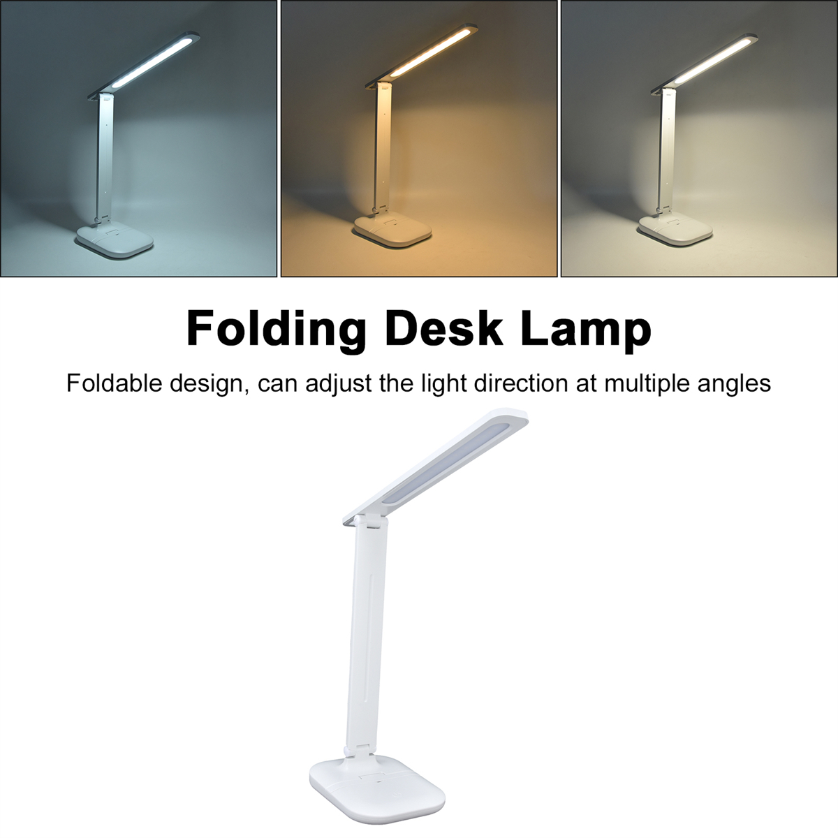 Weiße Schreibtischlampe mit verstellbarem Arm und Fuß, drei Lichteinstellungen gezeigt.