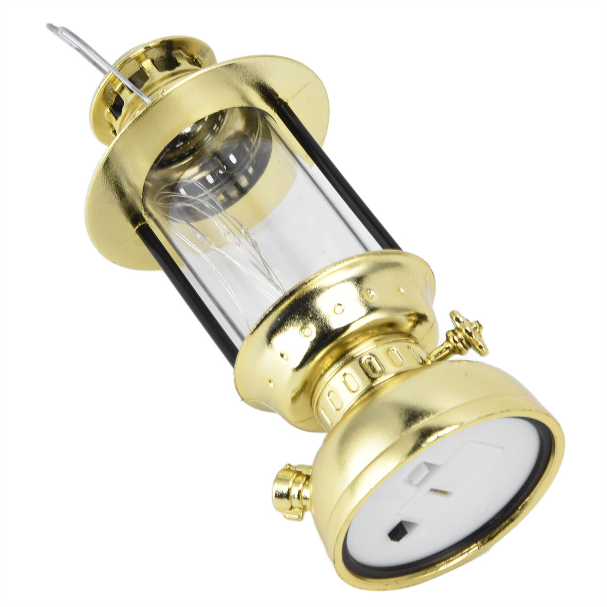 Eine goldene Laterne mit einem Glaszylinder und LED-Leuchten im Inneren. Sie hat einen Griff und Zierdetails.