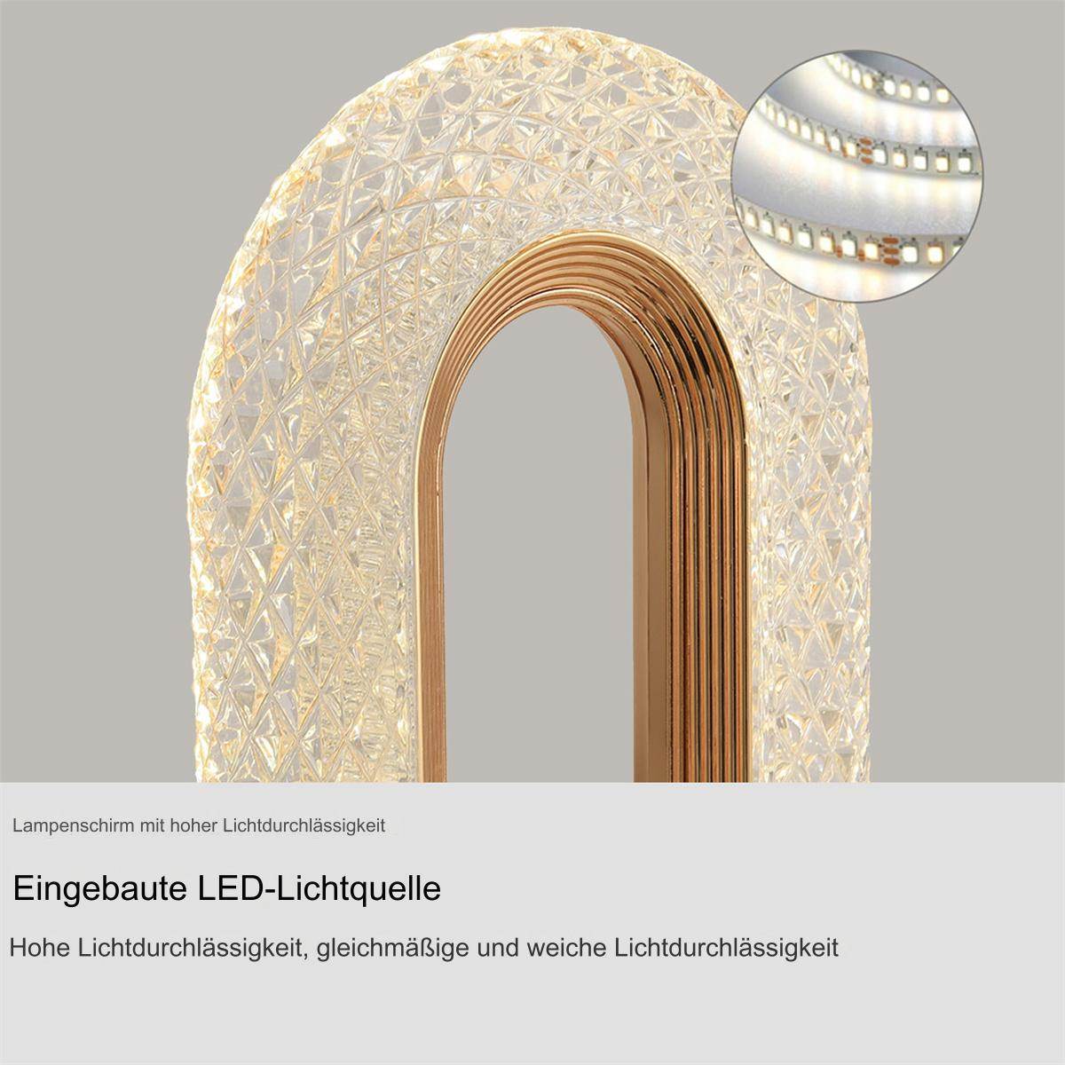 Eine verzierte Lampe mit goldenem Rahmen und einer lichtemittierenden Oberfläche, die Details von LEDs zeigt.