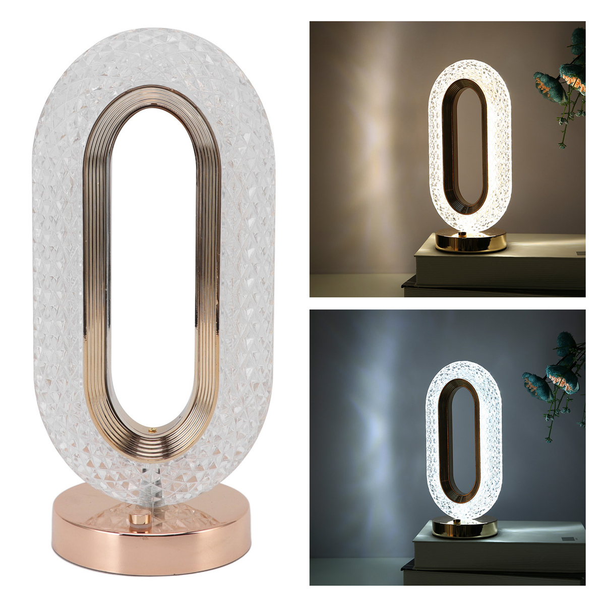 Oval geformte Lampe mit goldfarbenem Rand und klar gemusterter Außenseite. Roségoldener Sockel.