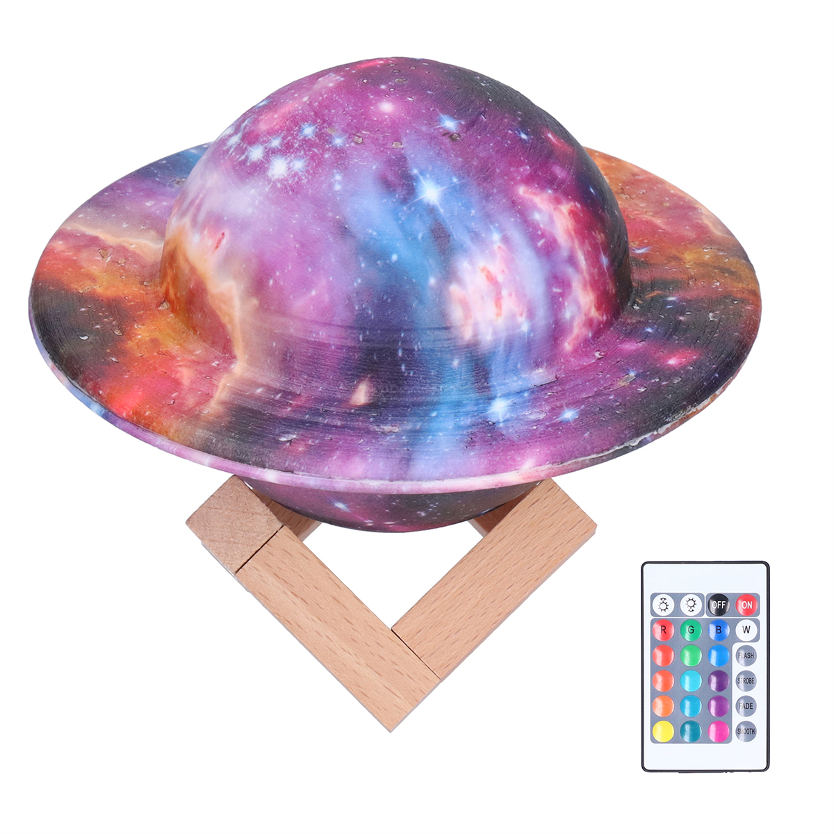 Lampe im Galaxien-Design mit Fernbedienung und Holzständer.