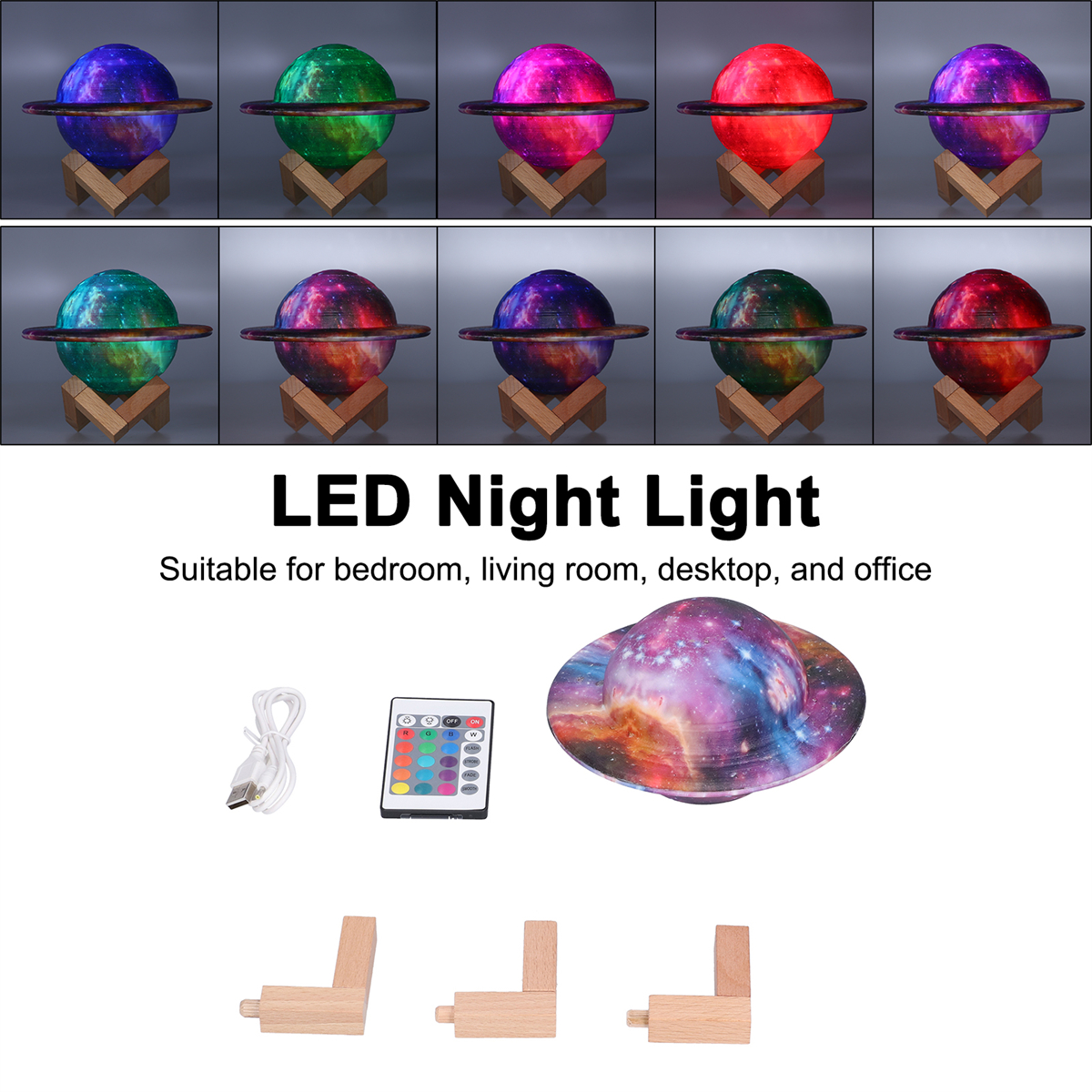 Verschiedene planetenförmige LED-Nachtlichter, Fernbedienung und Holzständer. Farben sind blau, grün, rot, lila und andere.
