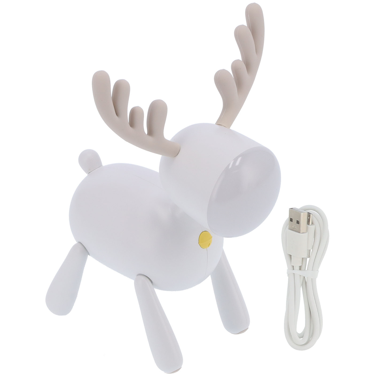 Eine weiße Rentierlampe mit Geweih, gelbem Knopf und USB-Kabel.