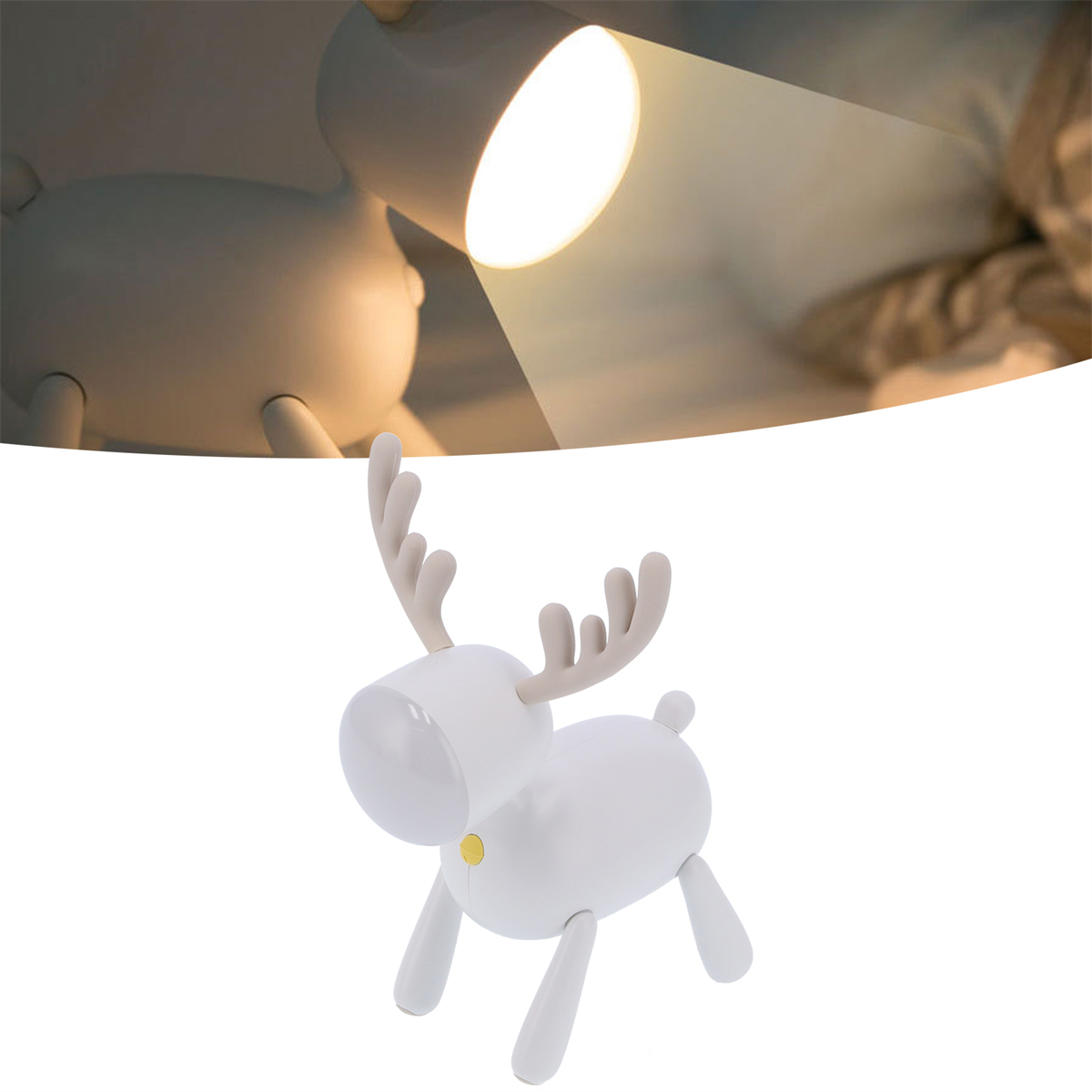 Eine weiße Elch-förmige Leuchte mit Geweih und einem kleinen gelben Knopf am Körper.