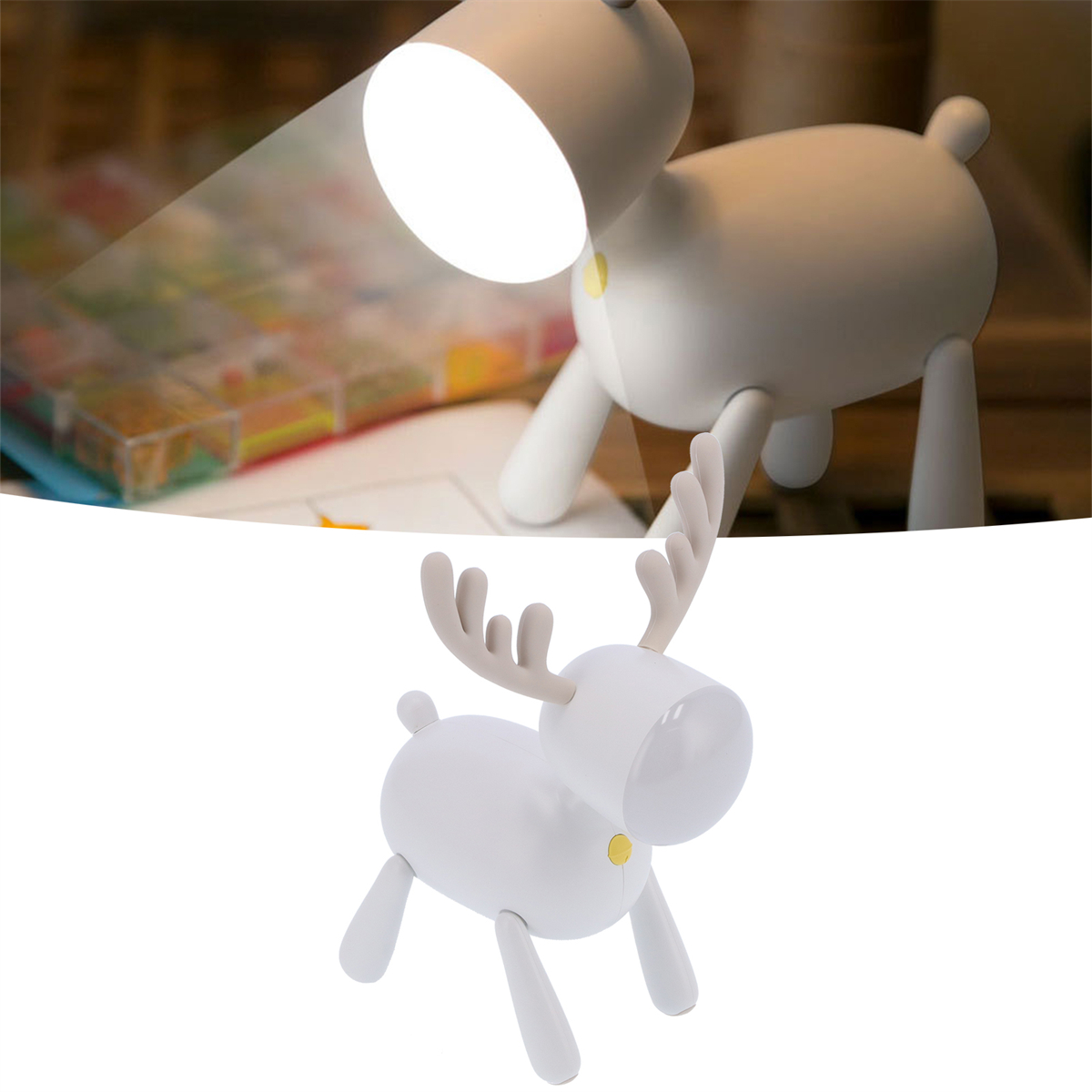 Weißes, hirschförmiges Schreibtischlampen mit Geweih, beleuchtet und ein separates kleines Modell der Lampe.