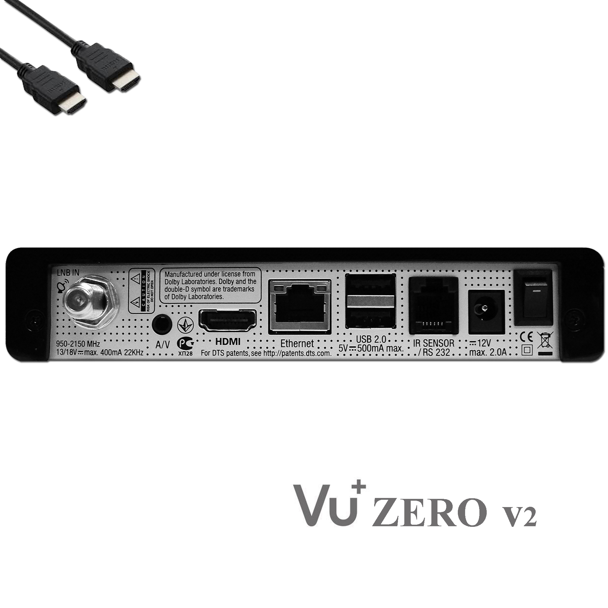 Rückseite einer Vu+ ZERO v2. Enthält Anschlüsse wie HDMI, Ethernet, USB und DC in.