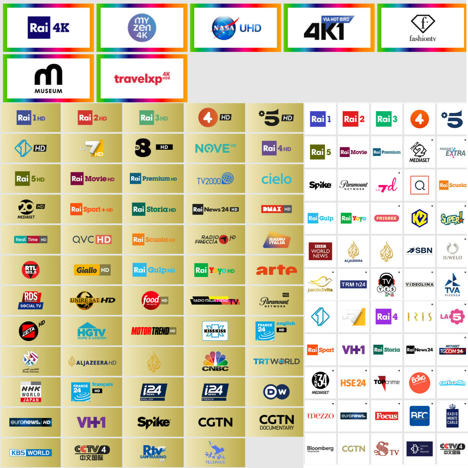 Logos von Fernsehsendern. Einschließlich Rai, My Zen 4K, NASA UHD, Via Hot Bird 4K, Fashion TV. Viele Logos mit verschiedenen Farben.