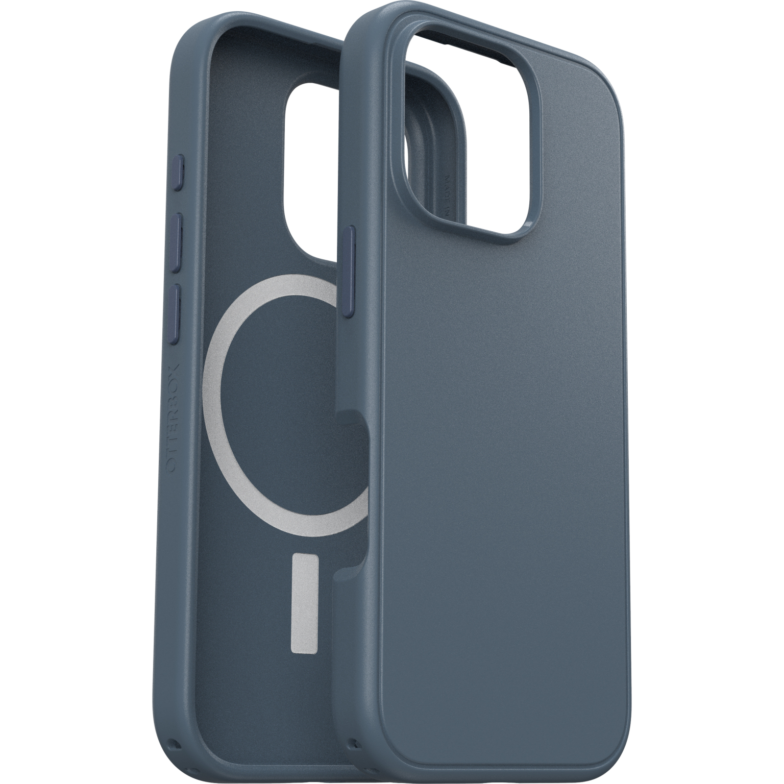 Coque de téléphone bleue. Deux pièces, ouverte, montrant l'intérieur avec un cercle blanc.